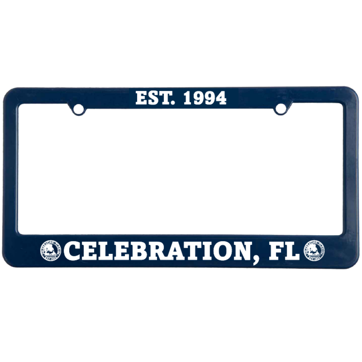 Navy blue license plate frame with 'EST. 1994' and 'CELEBRATION, FL' text