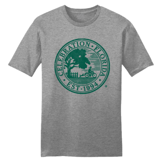 Gray t-shirt with green 'Celebration, Florida' logo