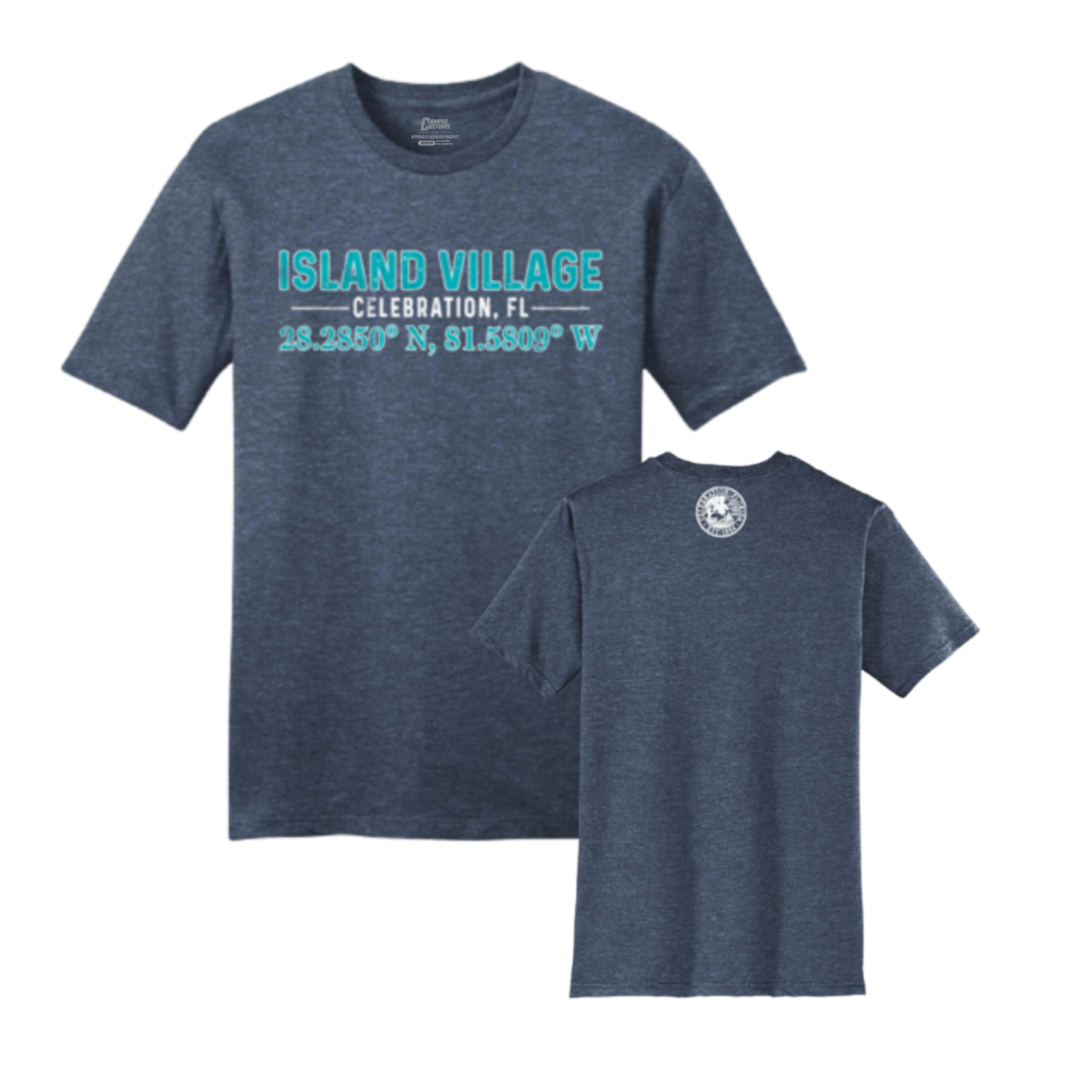 Navy t-shirt with 'Island Village Celebration, FL' text and coordinates