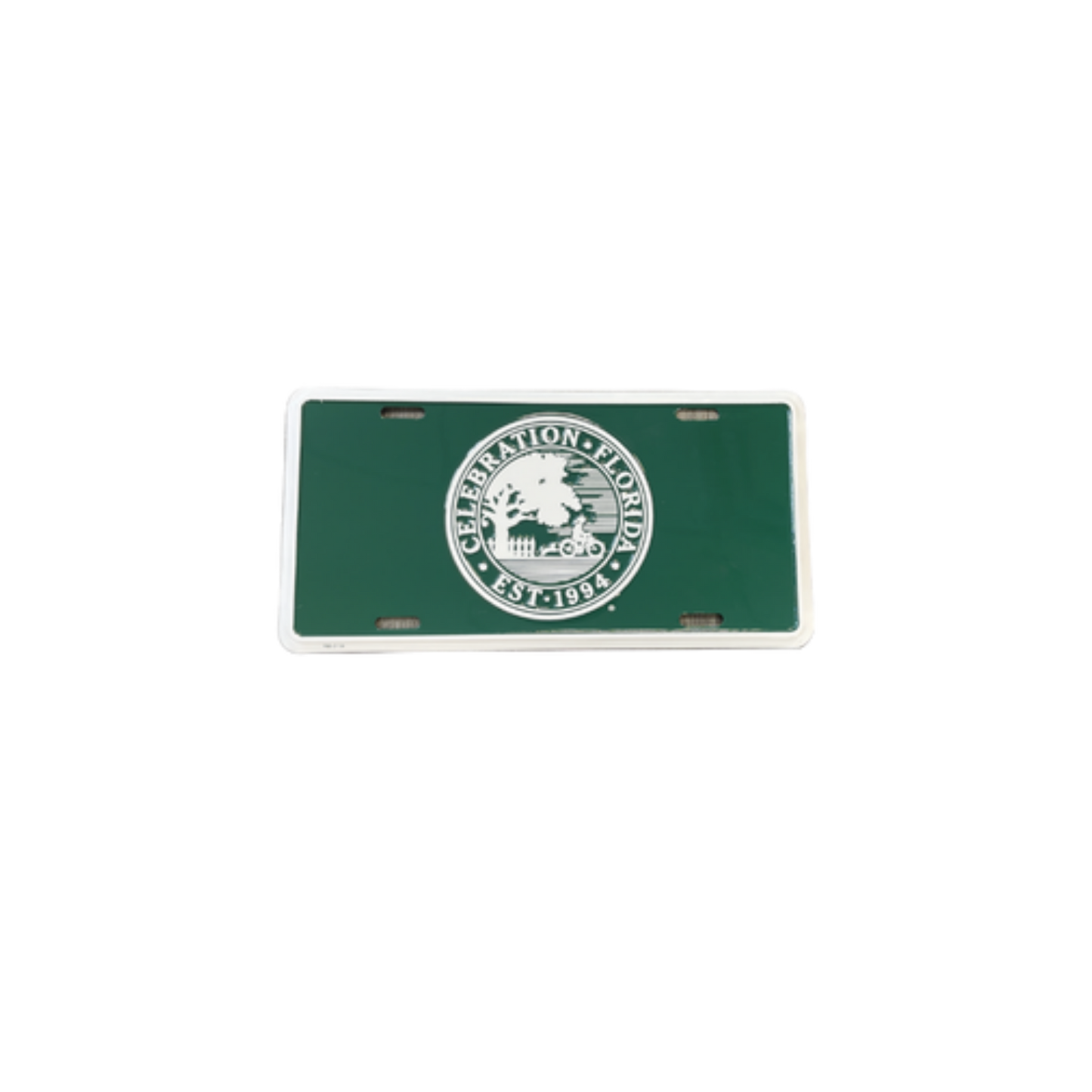 Green license plate with circle Celebration, FL logo