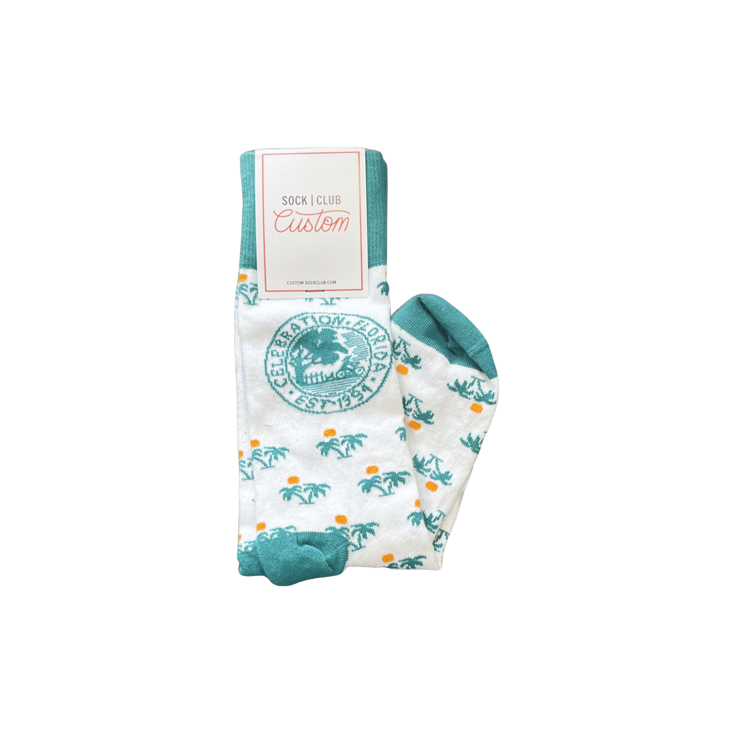 White socks with palm tree pattern and Celebration Florida logo