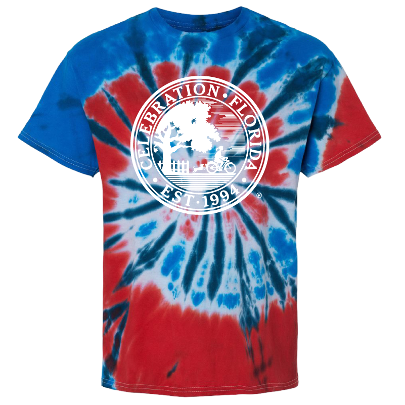 Tie-dye t-shirt with a celebration logo on a white background