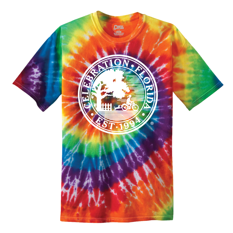 Tie-dye t-shirt with Celebration, Florida logo on a white background