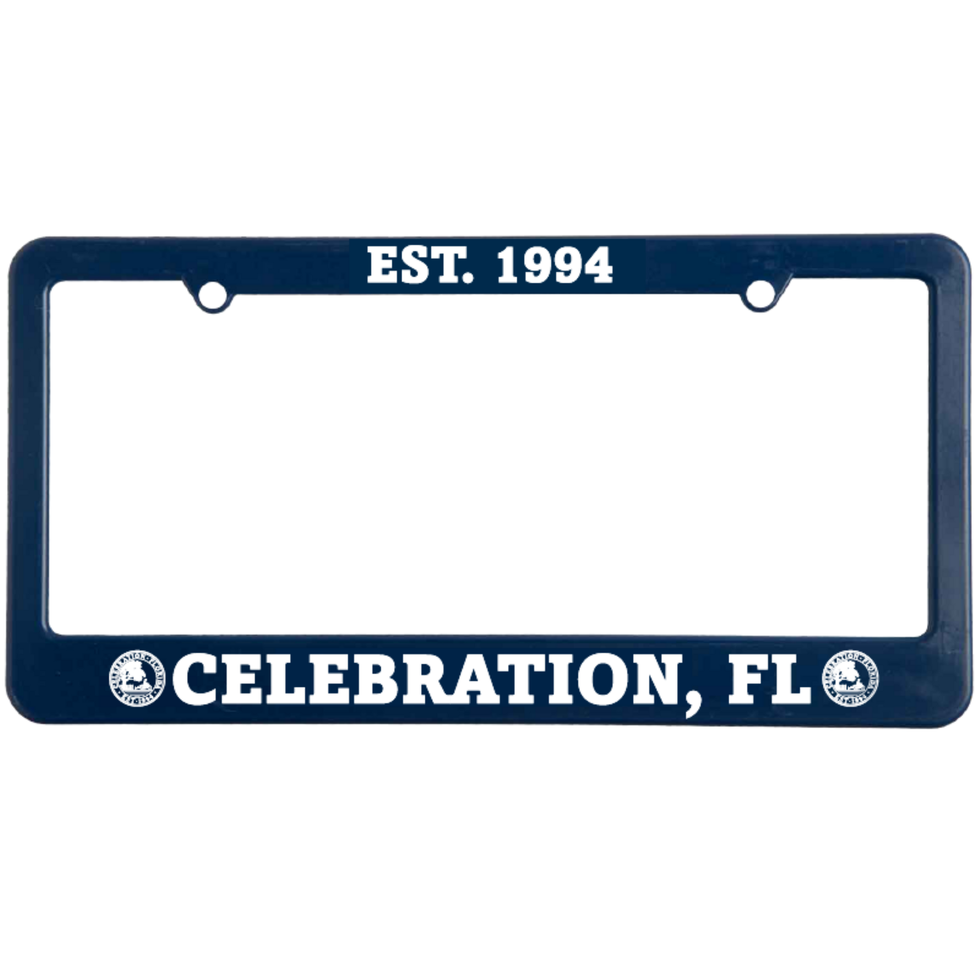 Navy blue license plate frame with 'EST. 1994' and 'CELEBRATION, FL' text 