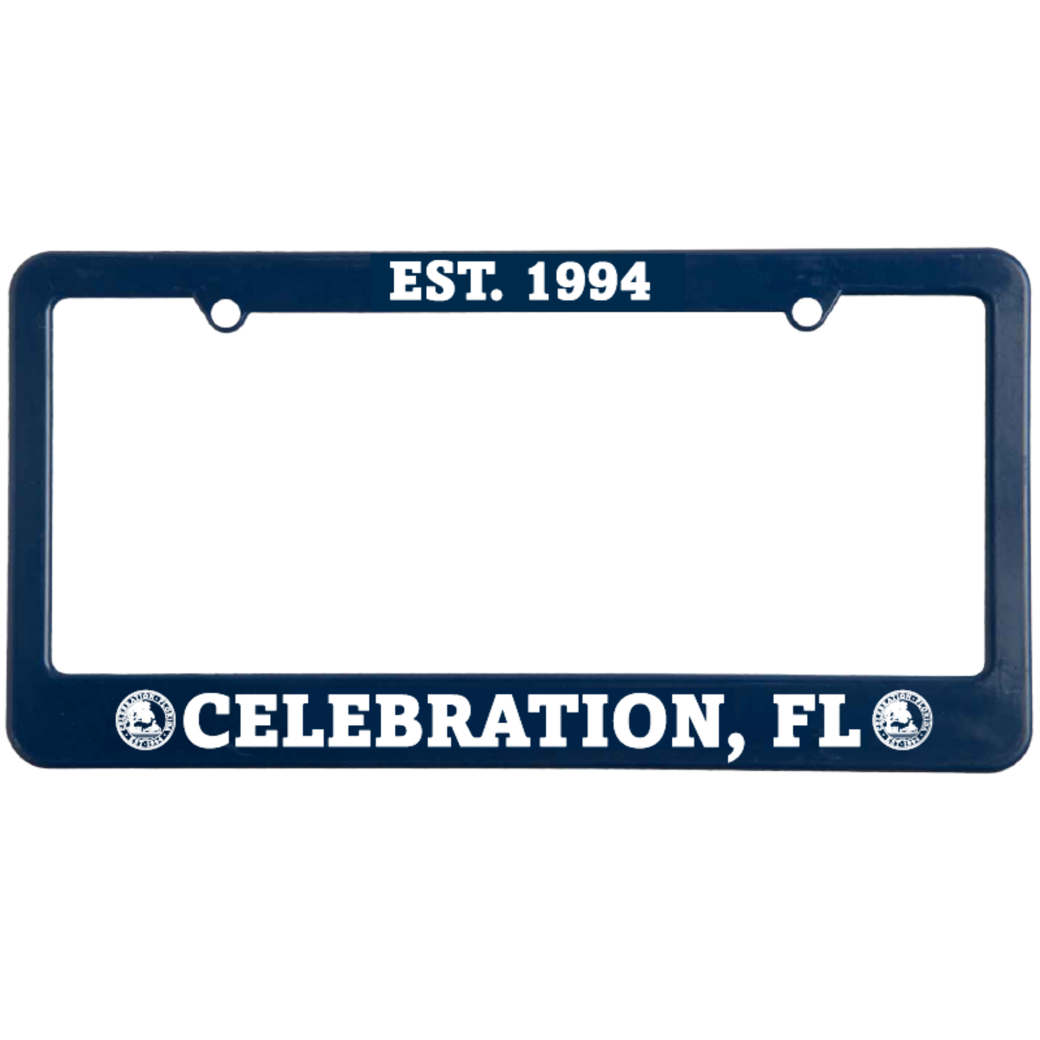 Navy blue license plate frame with 'EST. 1994' and 'CELEBRATION, FL' text 