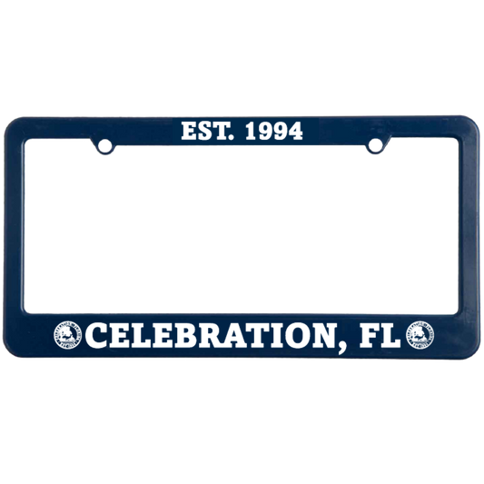 Navy blue license plate frame with 'EST. 1994' and 'CELEBRATION, FL' text 