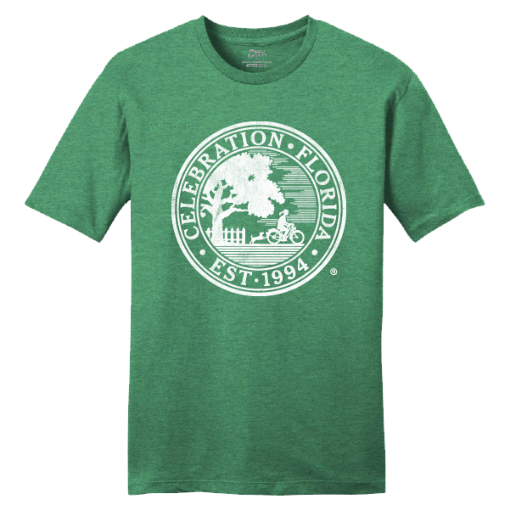 Green t-shirt with white 'Celebration, Florida' logo 