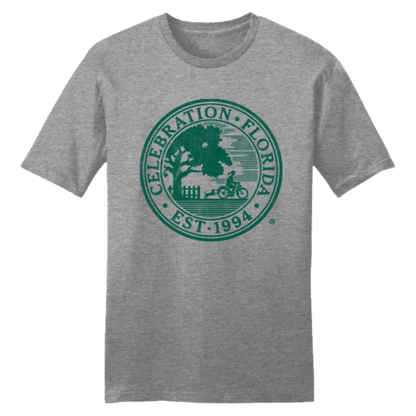 Gray t-shirt with green 'Celebration, Florida' logo