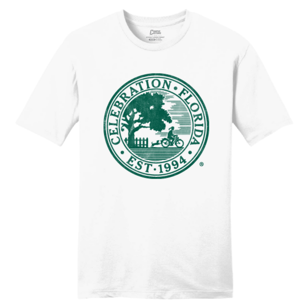 White t-shirt with green 'Celebration, Florida' logo 