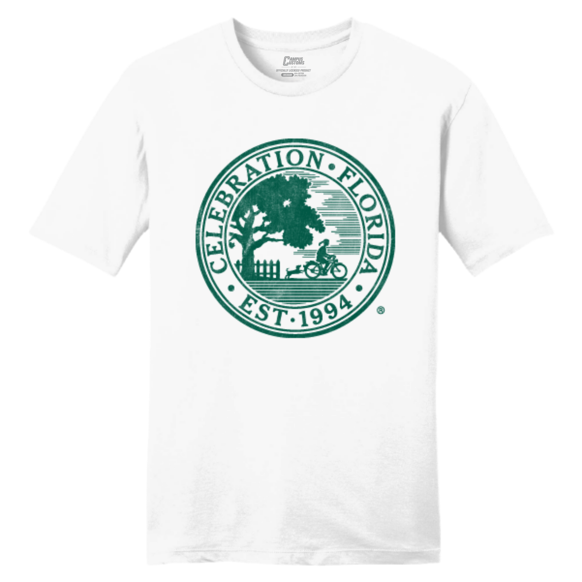 White t-shirt with green 'Celebration, Florida' logo 