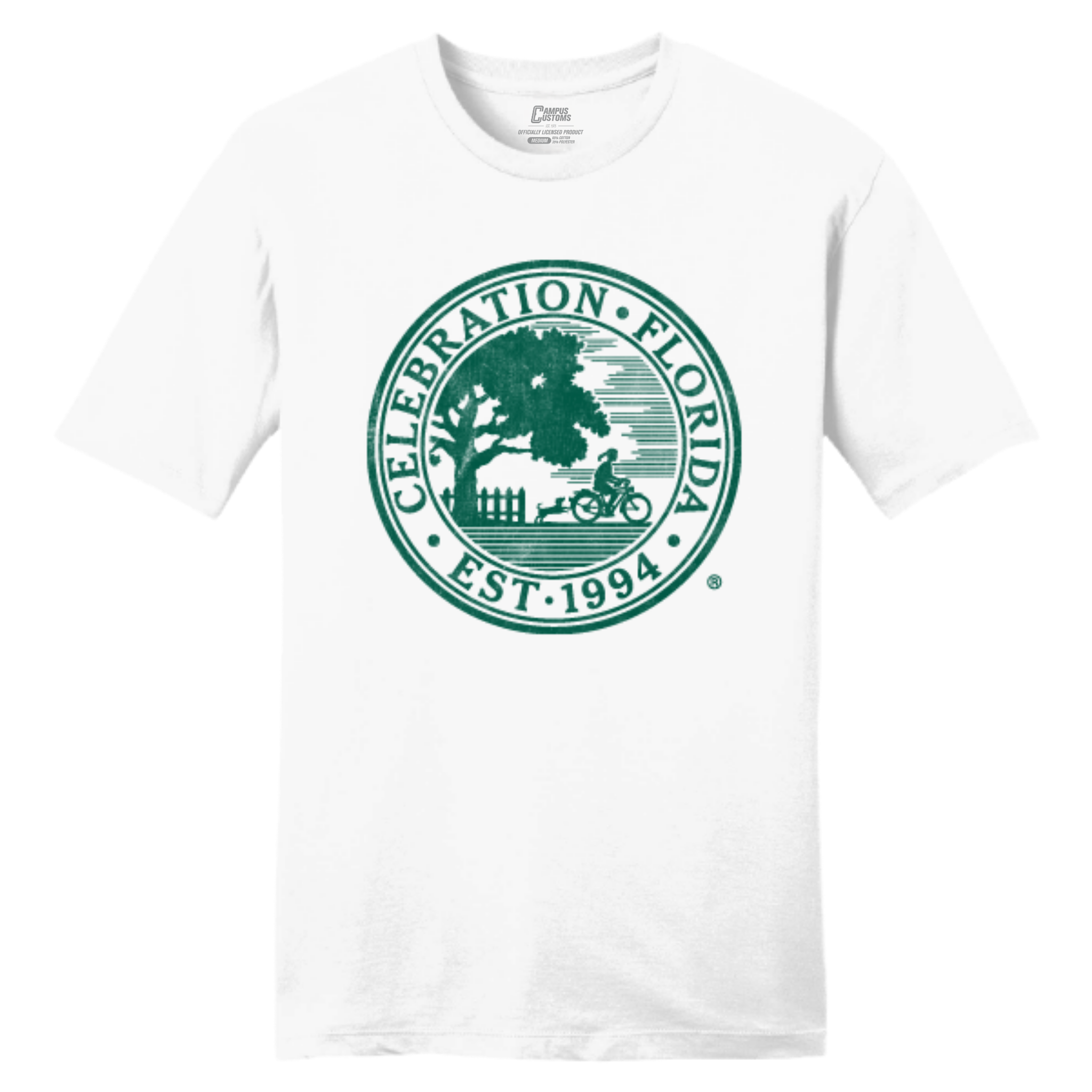 White t-shirt with green 'Celebration, Florida' logo 