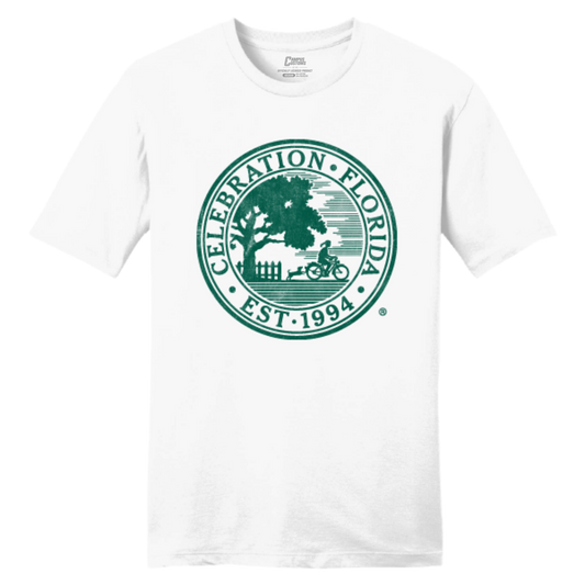 White t-shirt with green 'Celebration, Florida' logo 