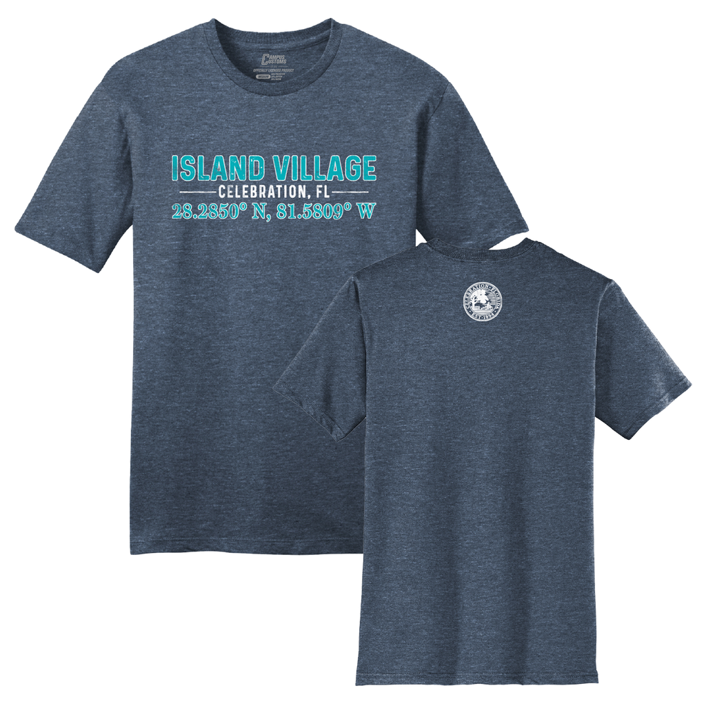 Navy t-shirt with 'Island Village Celebration, FL' text and coordinates 