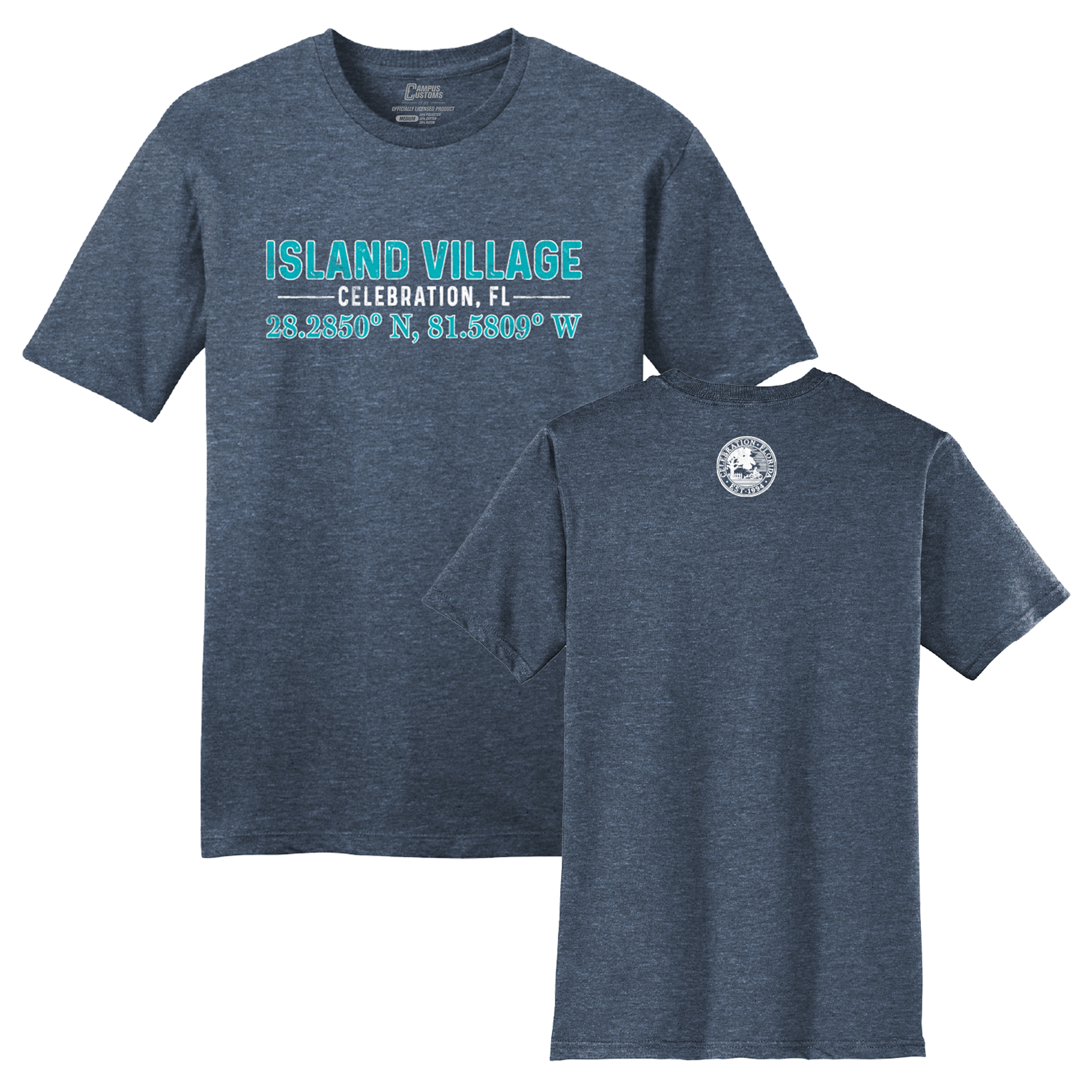 Navy t-shirt with 'Island Village Celebration, FL' text and coordinates 