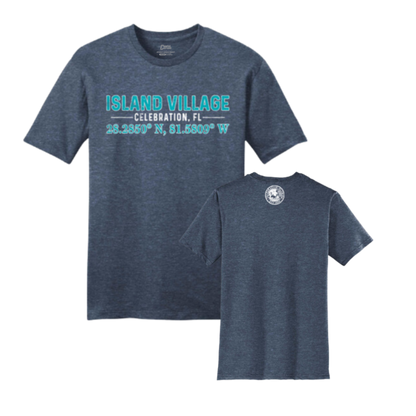 Navy t-shirt with 'Island Village Celebration, FL' text and coordinates 