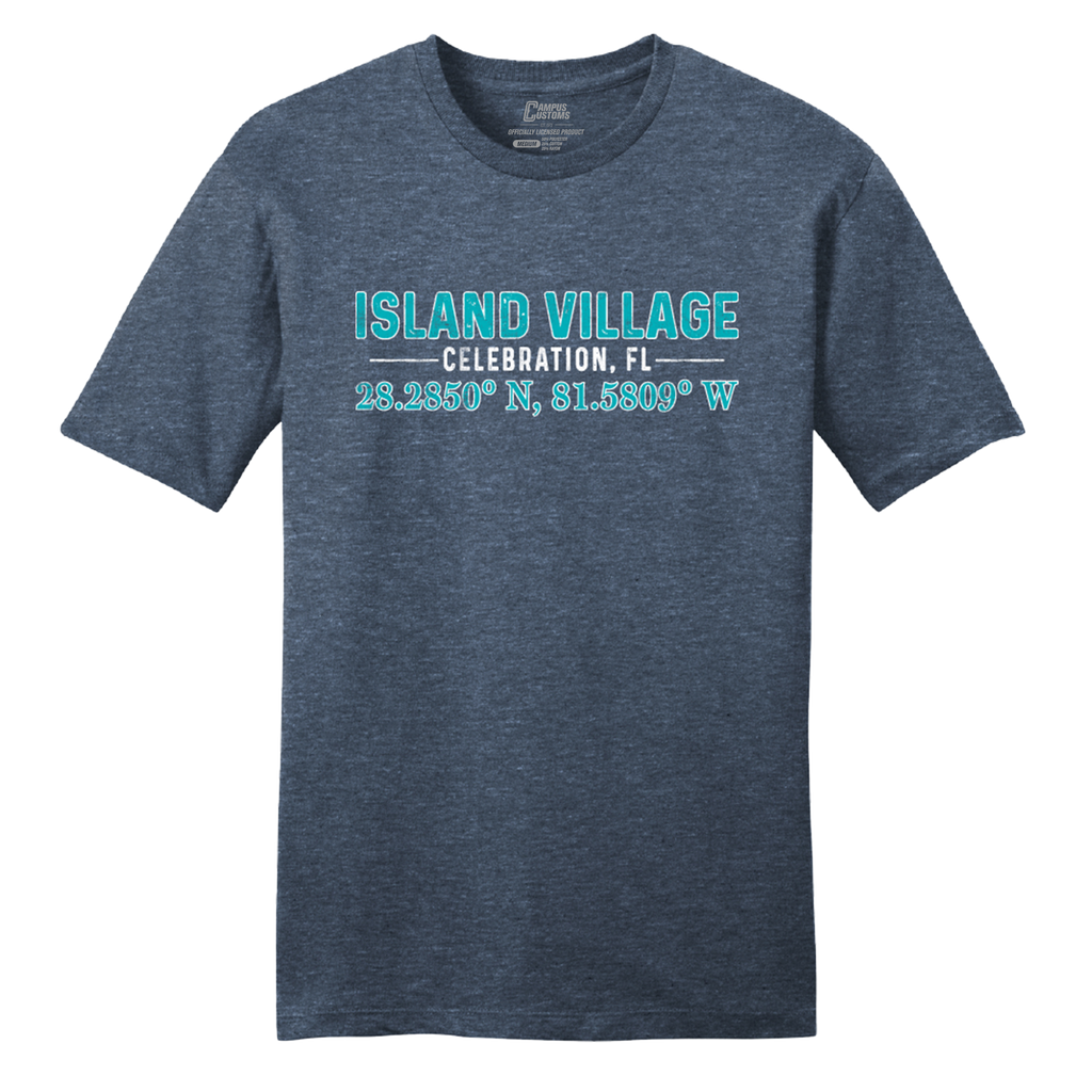 Navy t-shirt with 'Island Village Celebration, FL' text and coordinates