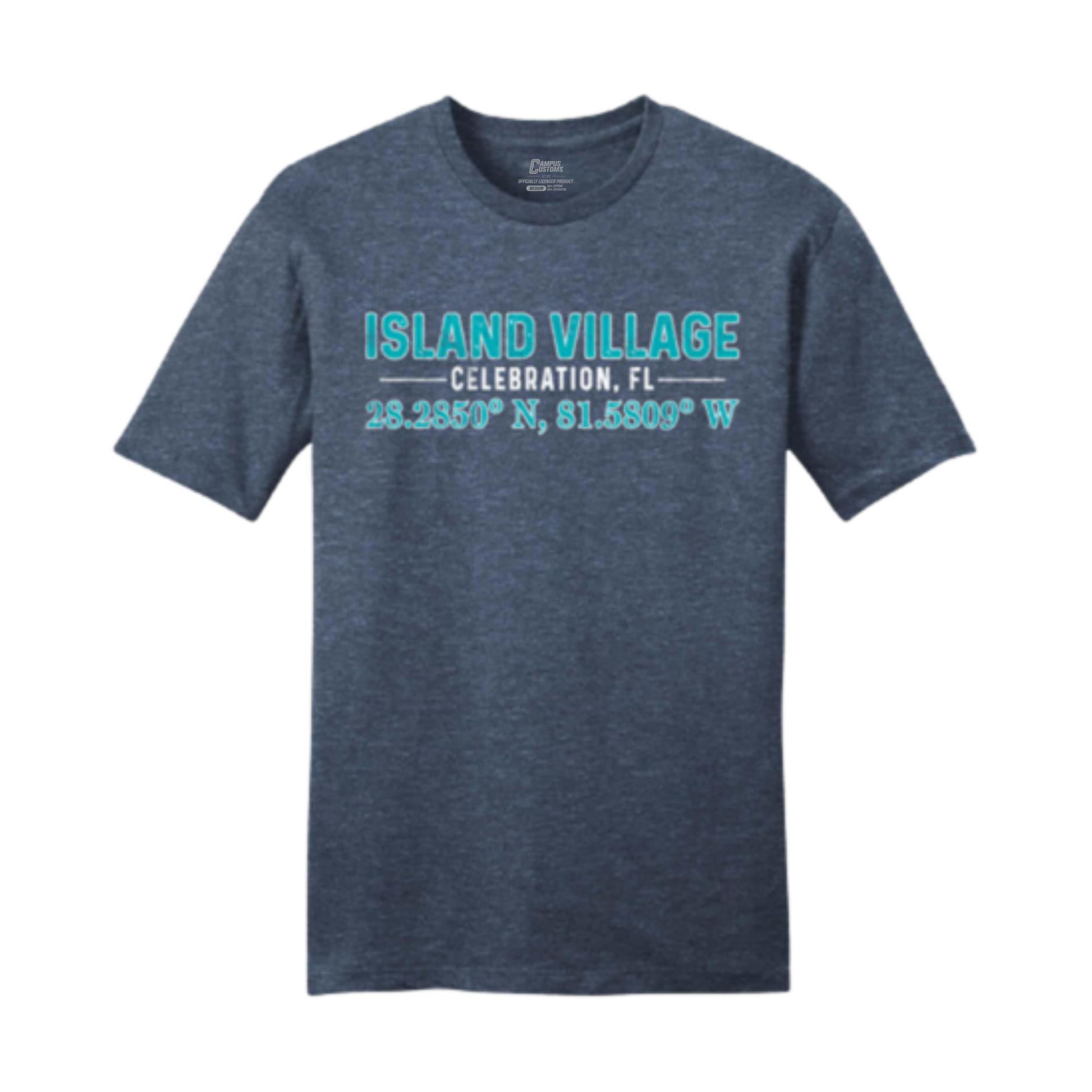 Navy t-shirt with 'Island Village Celebration, FL' text and coordinates