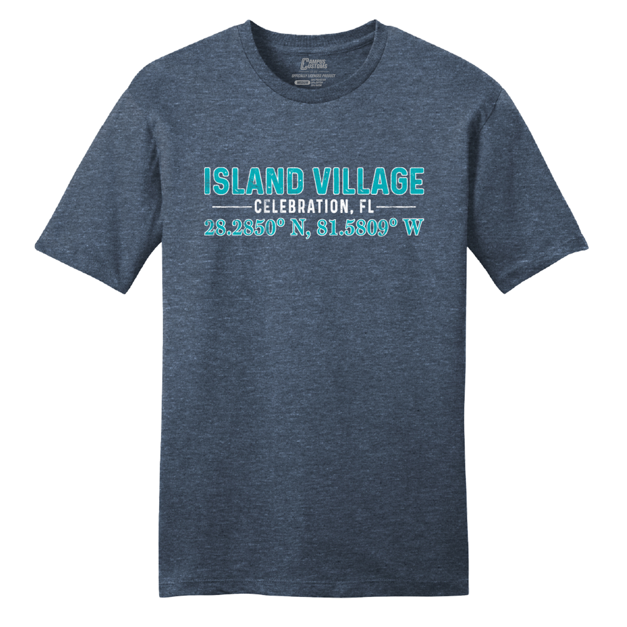 Navy t-shirt with 'Island Village Celebration, FL' text and coordinates