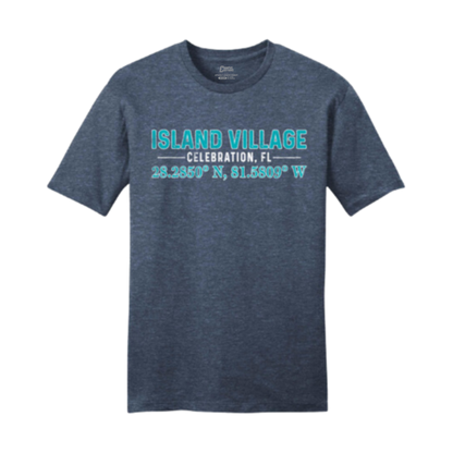 Navy t-shirt with 'Island Village Celebration, FL' text and coordinates