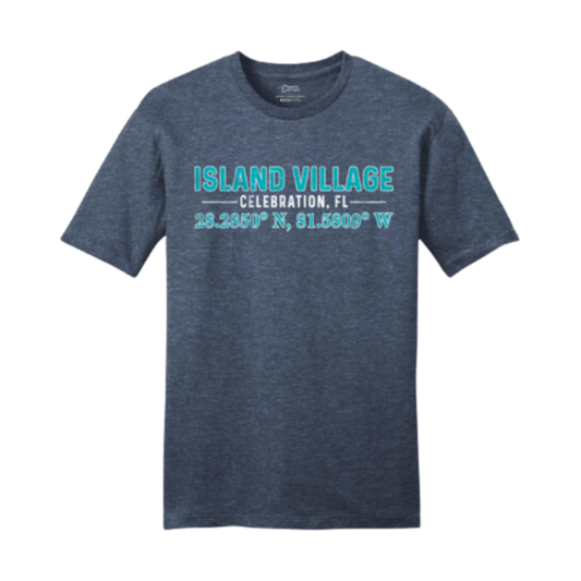 Navy t-shirt with 'Island Village Celebration, FL' text and coordinates