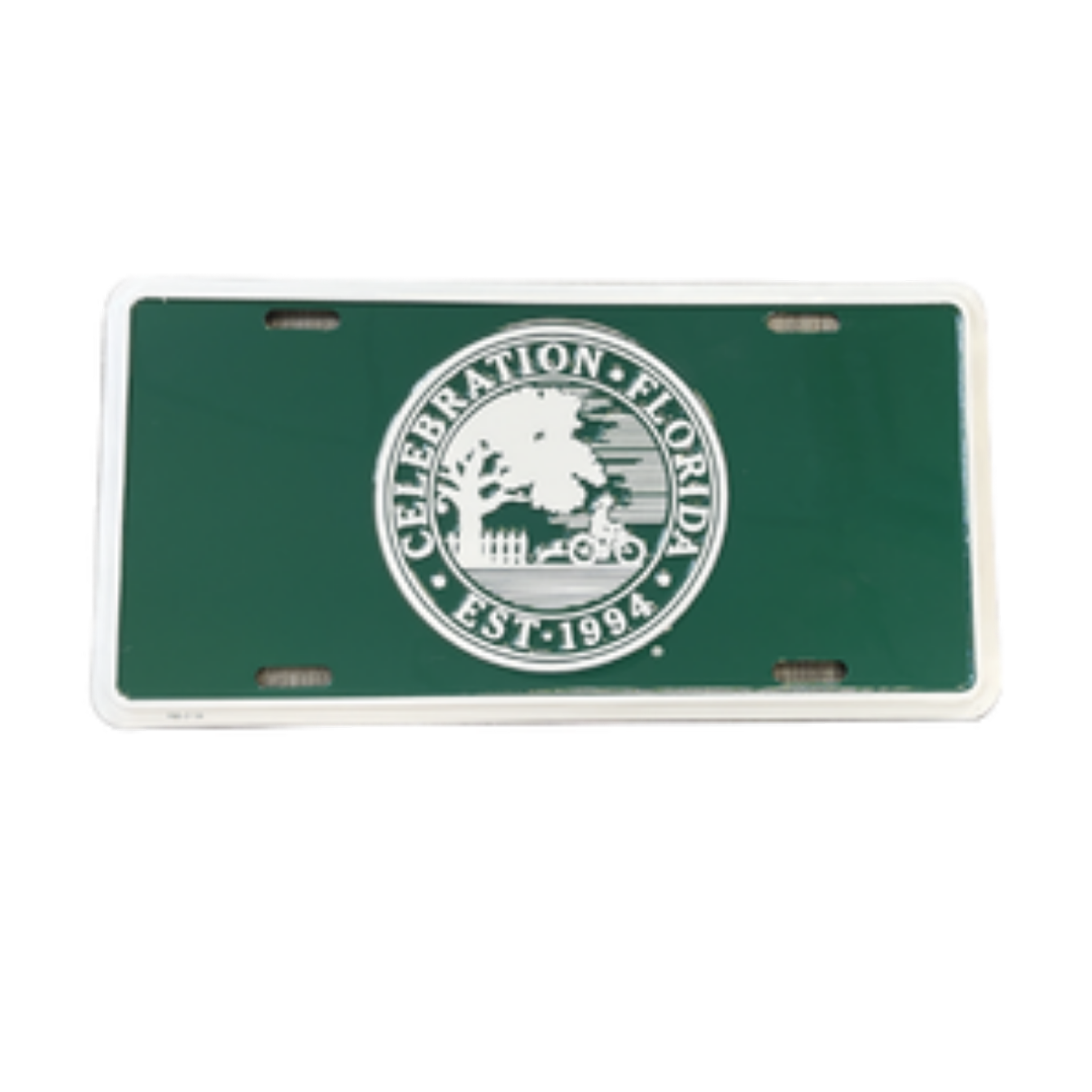 Green license plate with circle Celebration, FL logo