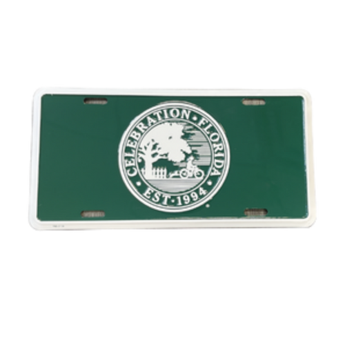 Green license plate with circle Celebration, FL logo