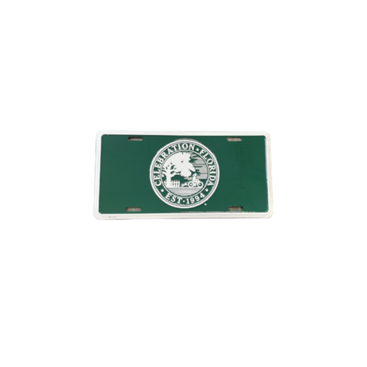 Green license plate with circle Celebration, FL logo