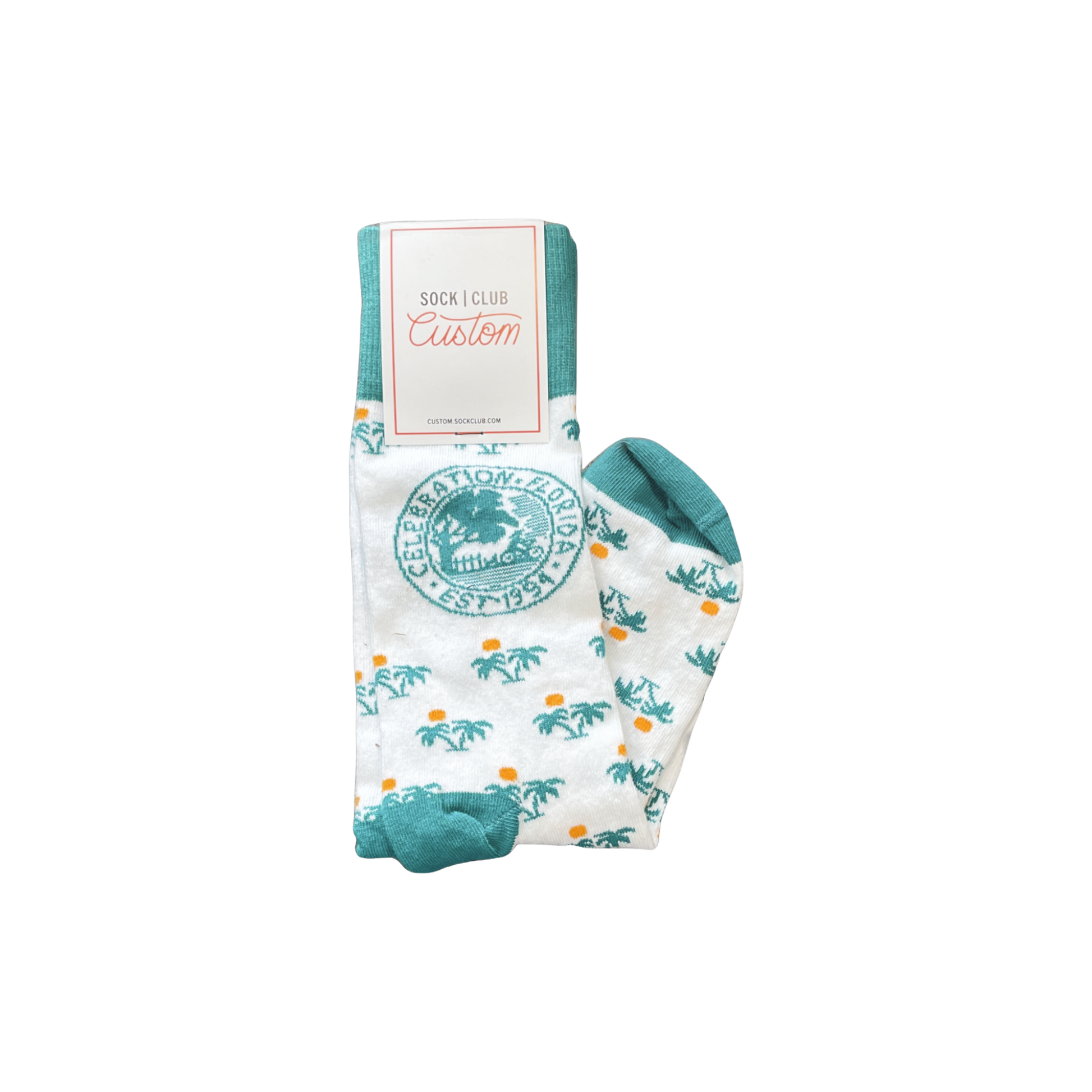 White socks with palm tree pattern and Celebration Florida logo