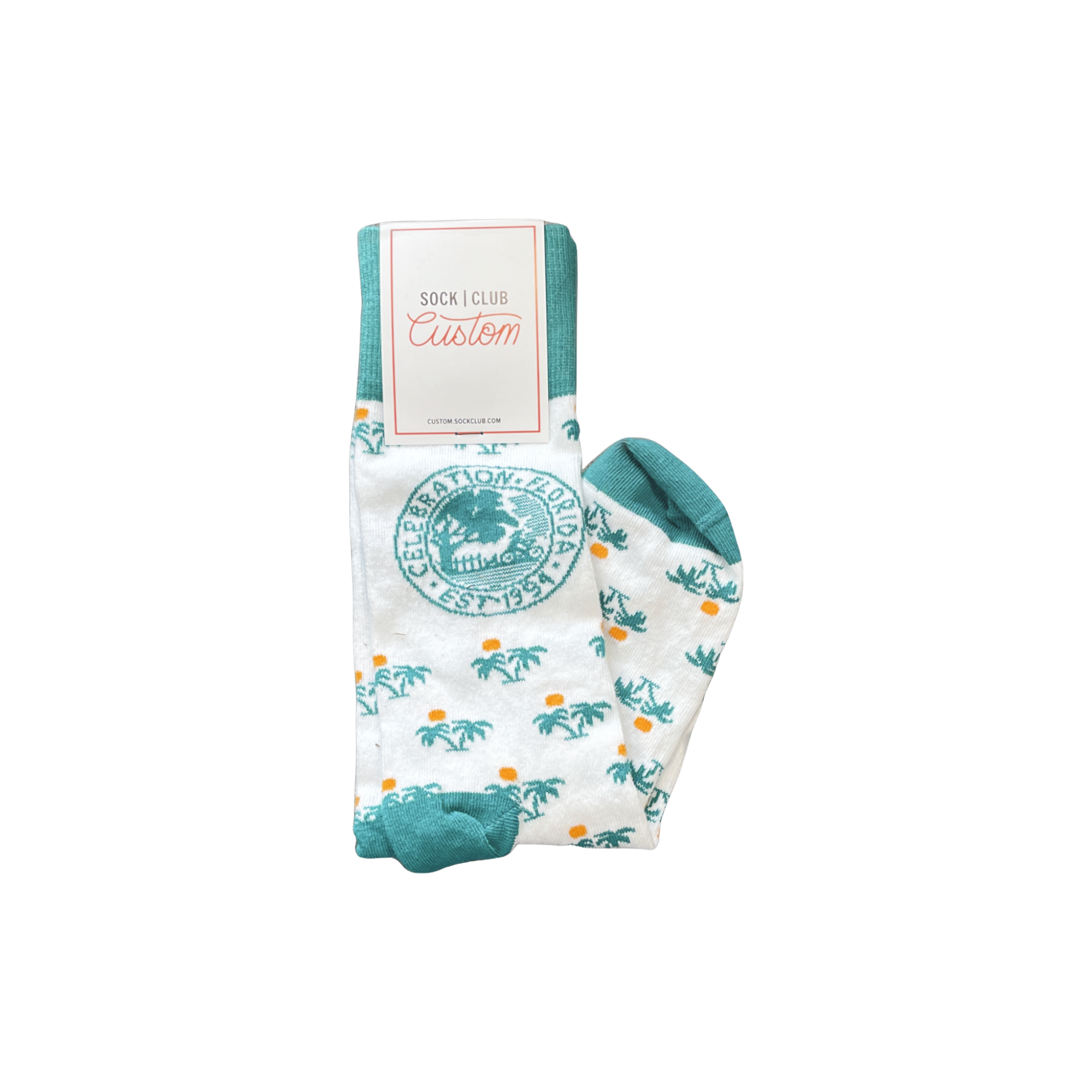 White socks with palm tree pattern and Celebration Florida logo